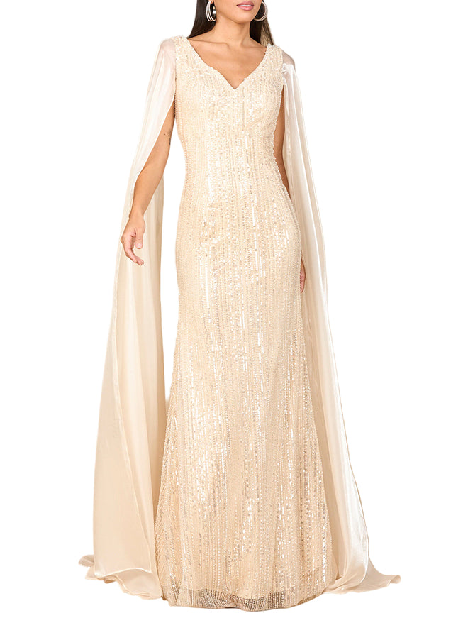 Beaded Gown with Satin Cape Sleeves Champagne
