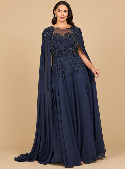 Lara 28943- Chiffon A-line Long Gown with Long Cape Sleeves Navy