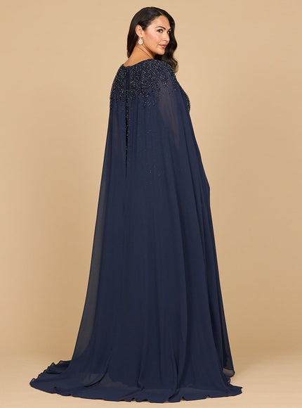 Lara 28943- Chiffon A-line Long Gown with Long Cape Sleeves