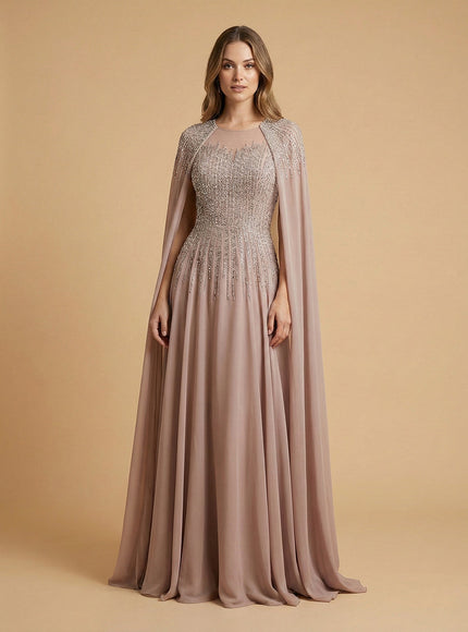 Lara 28943- Chiffon A-line Long Gown with Long Cape Sleeves Dusty Purple