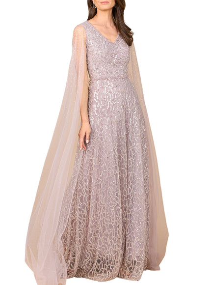 Beaded Lace Gown with Cape Sleeves Dusty Purple