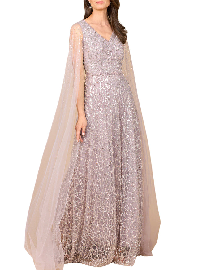 Beaded Lace Gown with Cape Sleeves Dusty Purple