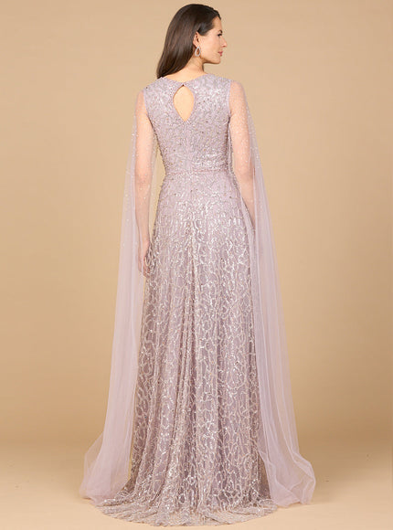 Beaded Lace Gown with Cape Sleeves