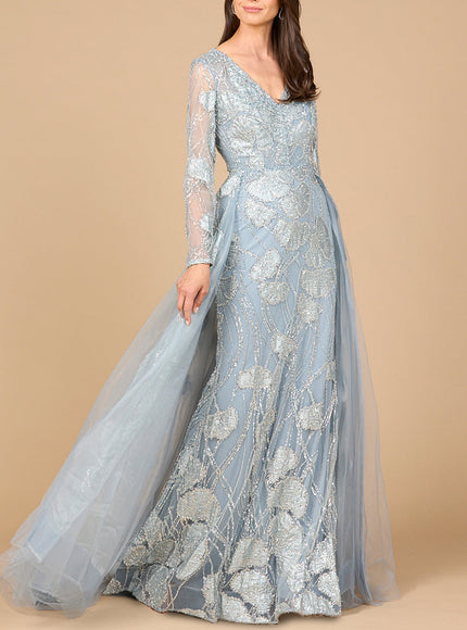 Long Sleeve Lace Gown with Overskirt Slate