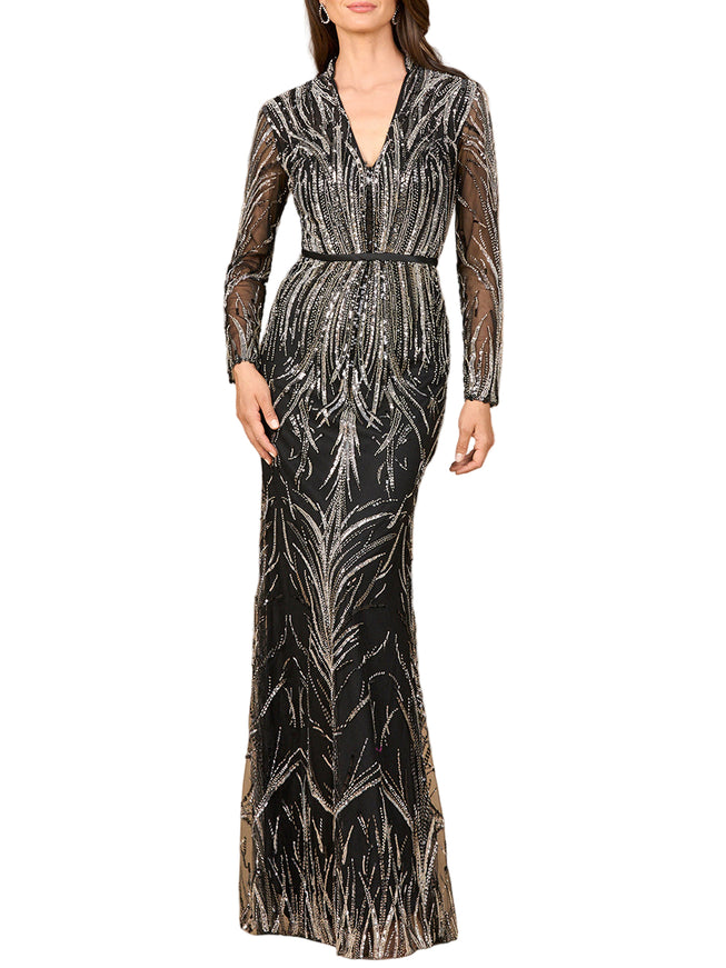 Mandarin V-Neck Gown with Long Sleeves Black