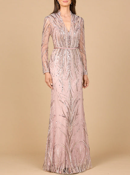 Mandarin V-Neck Gown with Long Sleeves Dusty Purple