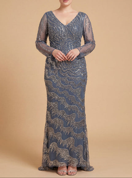 Lara New York Long Sleeve V-Neck Beaded Sheath Gown