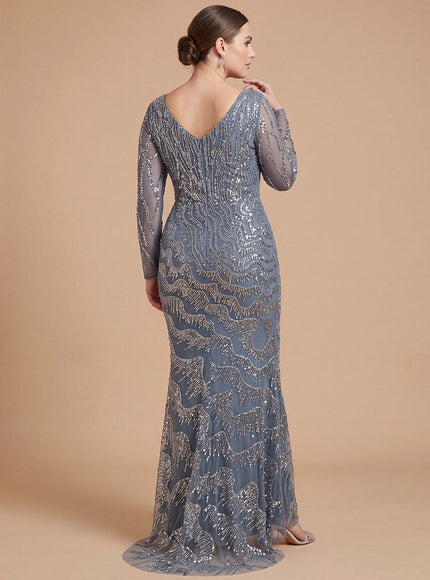 Lara New York Long Sleeve V-Neck Beaded Sheath Gown