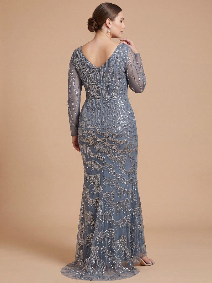 Lara New York Long Sleeve V-Neck Beaded Sheath Gown