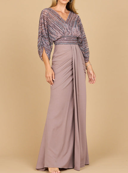 Lara 28950 Draped Skirt Gown with Cape Sleeves Dusty Purple