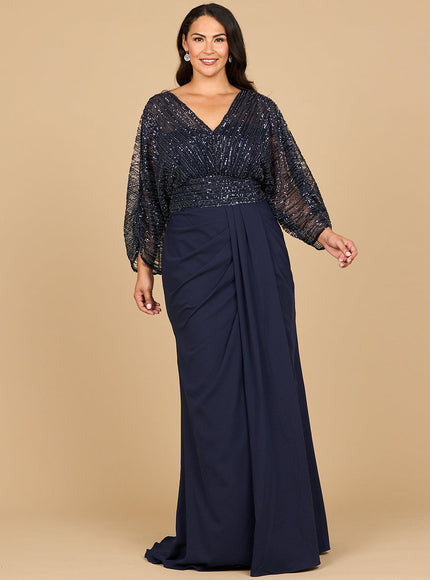 Lara 28950 Draped Skirt Gown with Cape Sleeves Navy