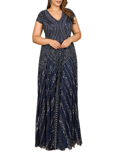 Cap Sleeve Beaded A-Line Gown Navy