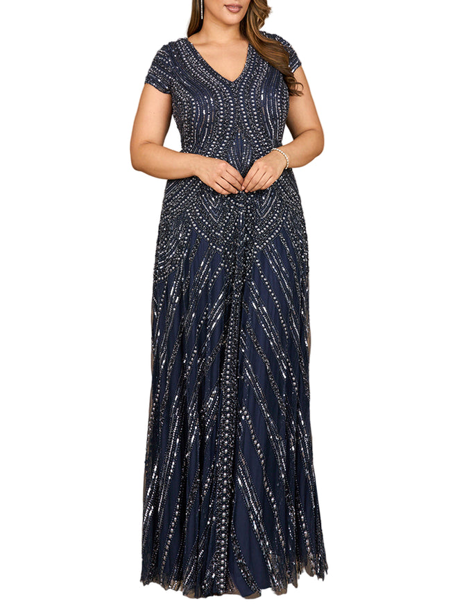 Cap Sleeve Beaded A-Line Gown Navy