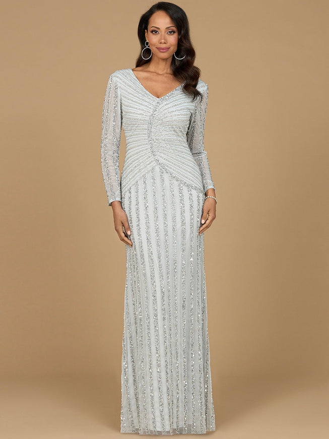 Long Sleeve Beaded Gown Silver