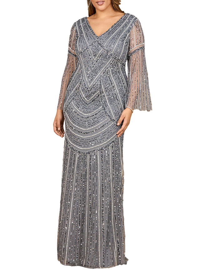 Long Sleeve Beaded Gown with Knit Lining