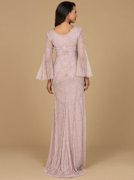 Long Sleeve Beaded Gown with Knit Lining