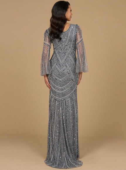 Long Sleeve Beaded Gown with Knit Lining