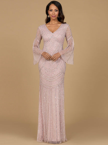 Long Sleeve Beaded Gown with Knit Lining Blush