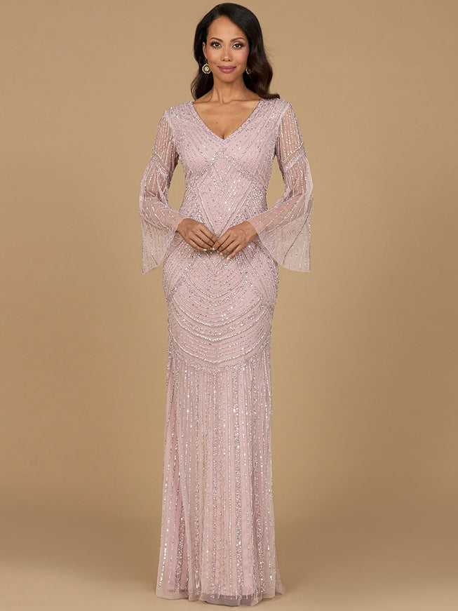 Long Sleeve Beaded Gown with Knit Lining Blush