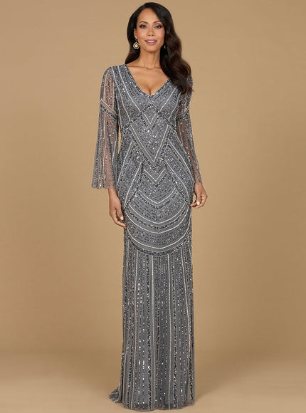 Long Sleeve Beaded Gown with Knit Lining Grey