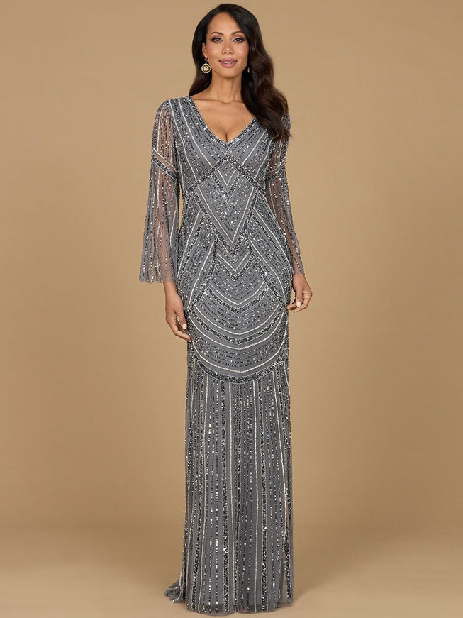 Long Sleeve Beaded Gown with Knit Lining Grey