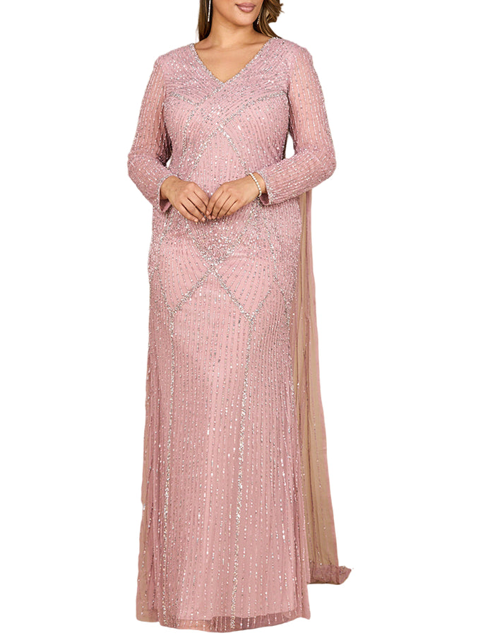 Long Sleeve Beaded Gown with Cape