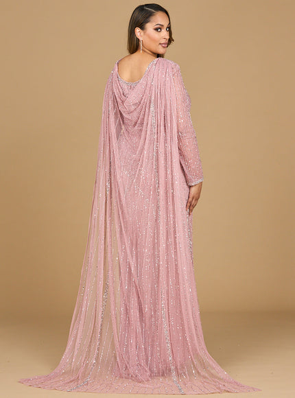 Long Sleeve Beaded Gown with Cape