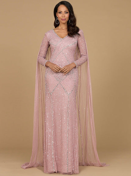 Long Sleeve Beaded Gown with Cape Cashmere