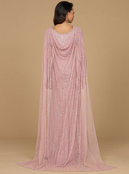Long Sleeve Beaded Gown with Cape
