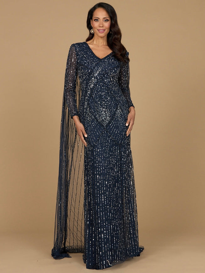 Long Sleeve Beaded Gown with Cape Navy