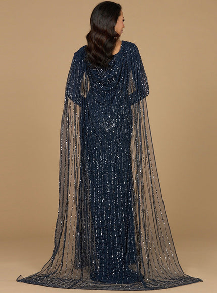 Long Sleeve Beaded Gown with Cape