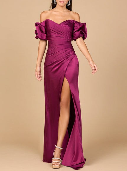Off Shoulder Satin Dress with Slit Wine
