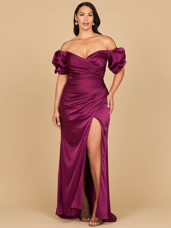 Lara New York 28957 Off Shoulder Satin Dress with Slit