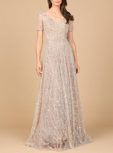 Short Sleeve V-Neck Beaded Ballgown Dusty Blush