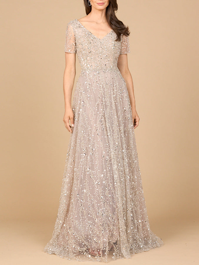 Lara New York 28958 Short Sleeve V-Neck Beaded Ballgown Dusty Blush