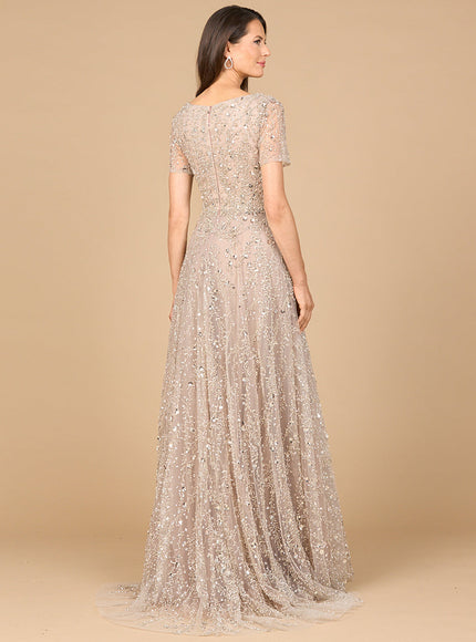 Short Sleeve V-Neck Beaded Ballgown