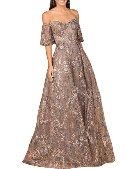 Lara Off Shoulder Lace Ballgown Bronze Multi