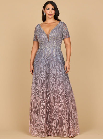 Lara 28961 - Short Sleeve V-Neck Beaded Ballgown Multi