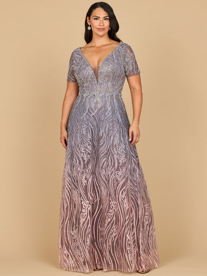 Lara 28961 - Short Sleeve V-Neck Beaded Ballgown Multi