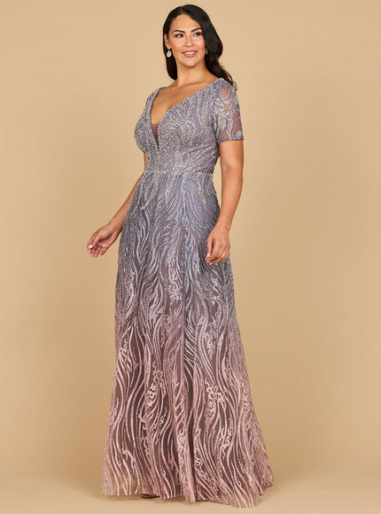 Lara 28961 - Short Sleeve V-Neck Beaded Ballgown