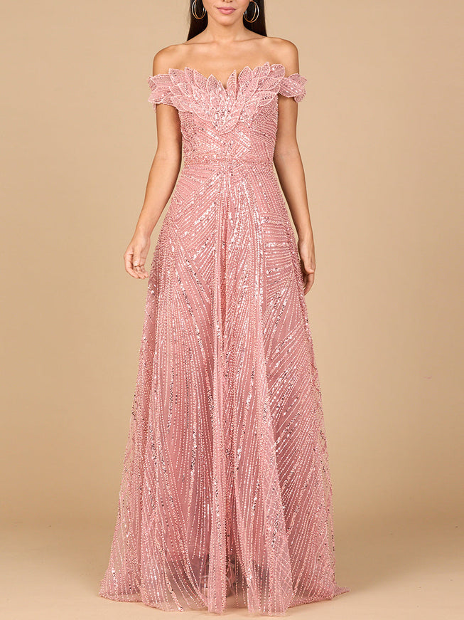 Off Shoulder Beaded Ballgown Dusty Rose