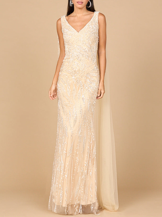 Lara New York 28963 V-Neck Gown with Long Cape Sleeves Champagne