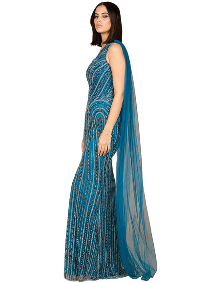 Lara One Shoulder Fitted Gown in Blue