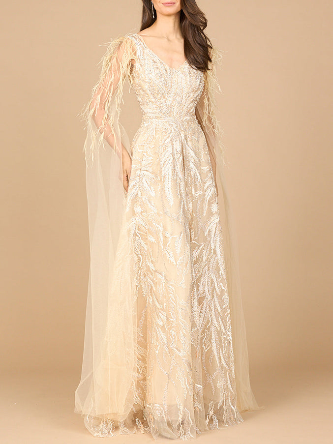 Lara New York 28965 V-Neck Lace Gown with Cape Sleeves Champagne