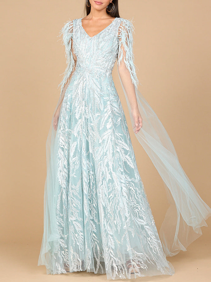 Lara New York 28965 V-Neck Lace Gown with Cape Sleeves Dusty Blue