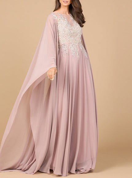 Chiffon A-Line Long Gown With Cape Sleeves
