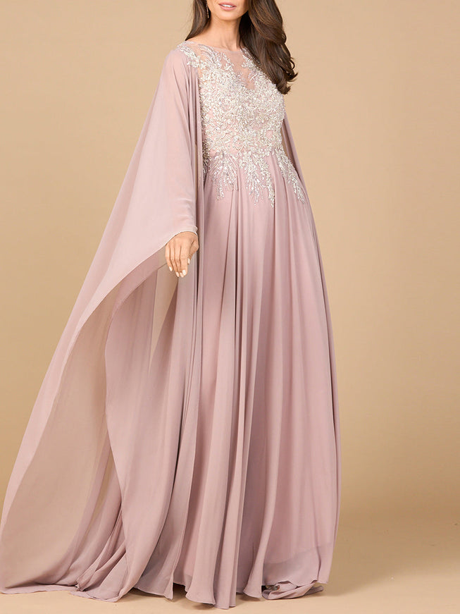 Chiffon A-Line Long Gown With Cape Sleeves