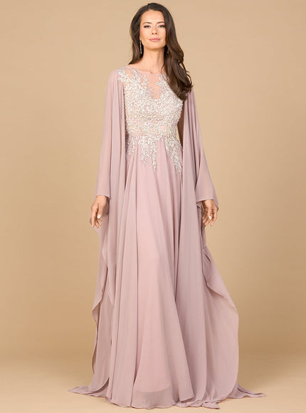 Chiffon A-Line Long Gown With Cape Sleeves Dusty Rose