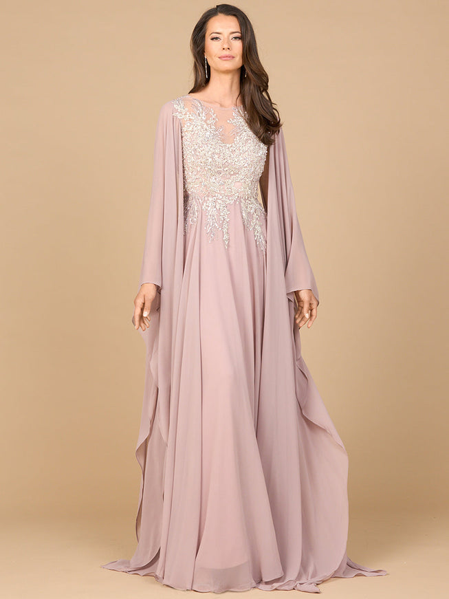 Chiffon A-Line Long Gown With Cape Sleeves Dusty Rose