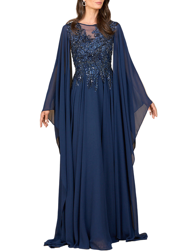 Chiffon A-Line Long Gown With Cape Sleeves Navy